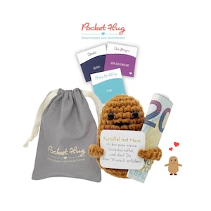 Positive Potato – "Kartoffel mit Herz", das besondere Geldgeschenk im Leinensäckchen, mit drei Karten, Geschenk mit Bedeutung, Pocked Hug