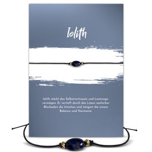 Edelstein Armband Iolith und Grußkarte mit Bedeutung, verstellbares Armband, Sternzeichen Waage - Geschenk, handmade in Deutschland