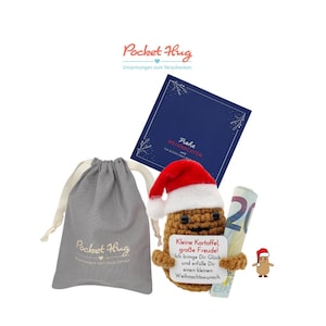 Gehäkelte Kartoffel als Weihnachtsgeschenk – Glücksbotschaft, Geldgeschenk & Weihnachtskarte im Leinensäckchen, Pocked Hug, handmade