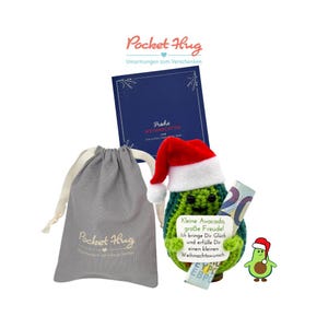 Gehäkelte Avovado als Weihnachtsgeschenk – Glücksbotschaft, Geldgeschenk & Weihnachtskarte im Leinensäckchen, Pocked Hug, handmade