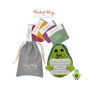 Positive Avocado – Motivation zum Verschenken im Leinensäckchen mit vier Karten, gehäckelt, Geschenk für Zuspruch, Pocked Hug