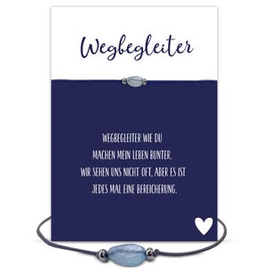 Aquamarin Armband mit Grußkarte Wegbegleiter, Geschenk mit Edelstein silbernen Perlen handgemachter Schmuck, elastisch