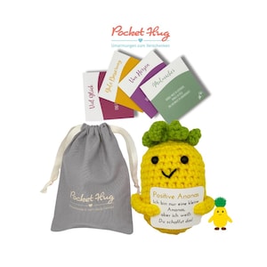 Positive Ananas – Motivation zum Verschenken im Leinensäckchen mit vier Karten, gehäckelt, Geschenk für Zuspruch, Pocked Hug
