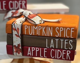 Fall Tiered Tray Decor, Mini Wood Books for Tiered tray, Fall Decor, Pumpkin Spice Lattes Apple Cider, Coffee Bar Decor