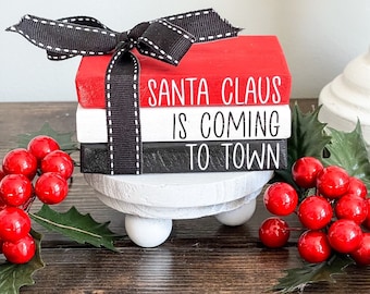 Santa Claus is Coming To Town, Tiered Tray Decor, Mini Wood Books for Tiered tray, Christmas Decor, Coffee Bar Decor, Holiday Decor