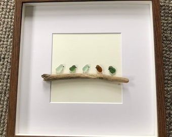 Sea glass Art / Birds on Driftwood  / Seaglass Bird Picture / Driftwood Art / Glass Art