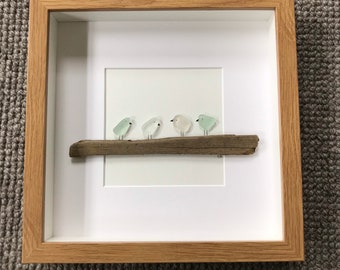 Sea glass Art / Birds on Driftwood  / Seaglass Bird Picture / Driftwood Art / Glass Art