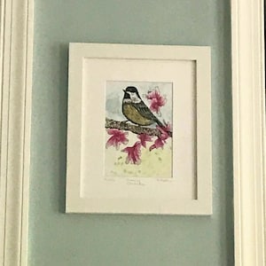 Hand Painted Water Color Art, Chickadee Painting, Morning Bird Art, 5 x 7 Bird Print, Matted Watercolor Print, Framed Bird Print image 1