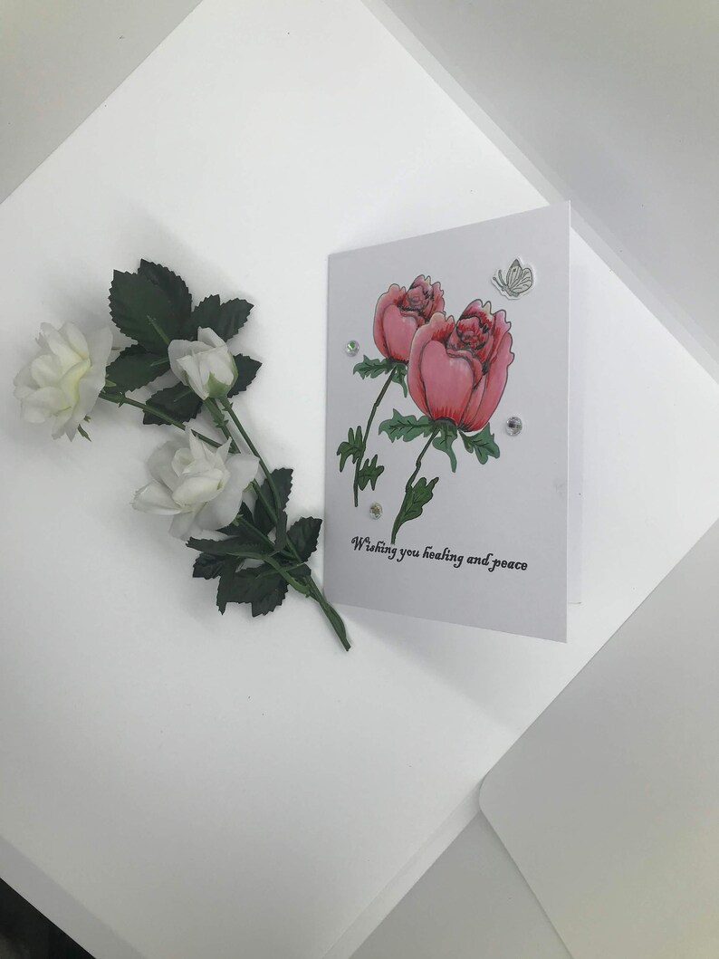Sympathy Card Rose Bud Illustrated Hand Water-colored Sympathy Card 3D Butterfly Sticker Glass Jewel Embellishment image 2