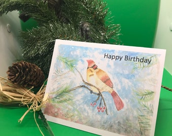 Nature Card Happy Birthday | Bird Print Card with Envelope | Cardinal Birthday Card | Watercolor Print Card |