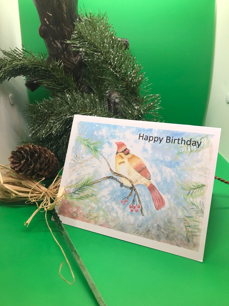 Nature Card Happy Birthday Bird Print Card with Envelope Cardinal Birthday Card Watercolor Print Card image 1