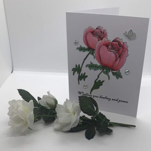 Sympathy Card Rose Bud Illustrated Hand Water-colored Sympathy Card 3D Butterfly Sticker Glass Jewel Embellishment image 6