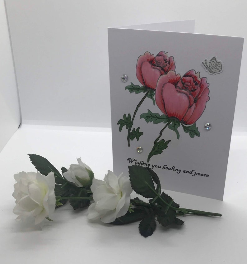 Sympathy Card Rose Bud Illustrated Hand Water-colored Sympathy Card 3D Butterfly Sticker Glass Jewel Embellishment image 6