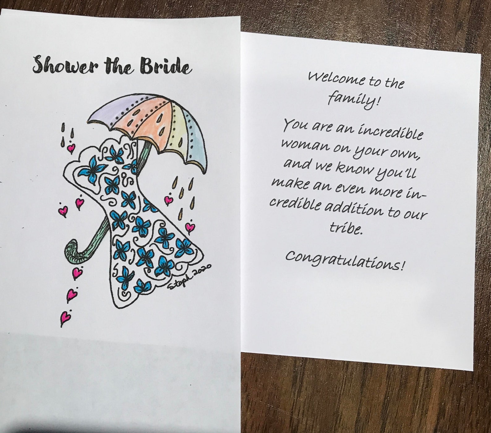 Bridal Shower Card Umbrella Illustrated Hand Watercolored Bridal