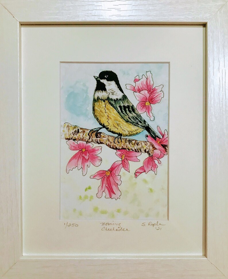 Hand Painted Water Color Art, Chickadee Painting, Morning Bird Art, 5 x 7 Bird Print, Matted Watercolor Print, Framed Bird Print Framed Print