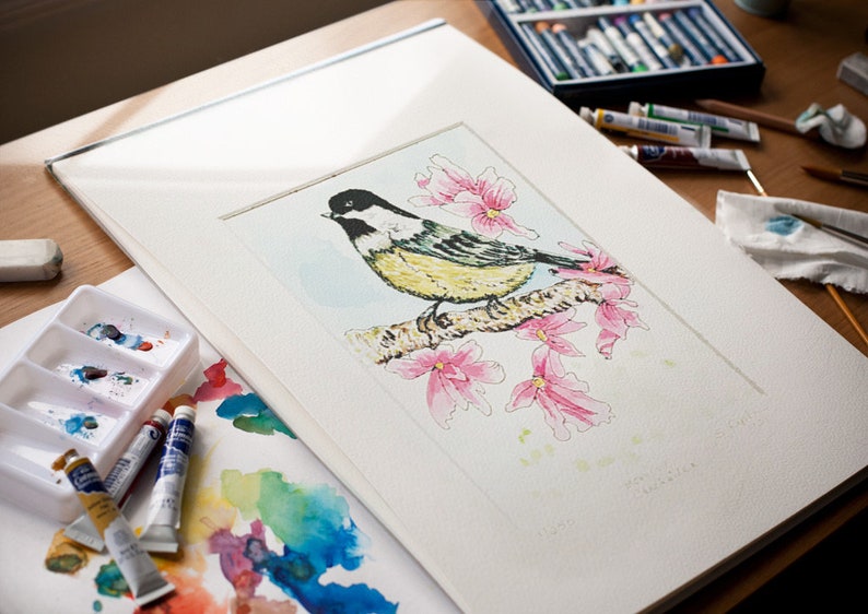 Hand Painted Water Color Art, Chickadee Painting, Morning Bird Art, 5 x 7 Bird Print, Matted Watercolor Print, Framed Bird Print Matted Print