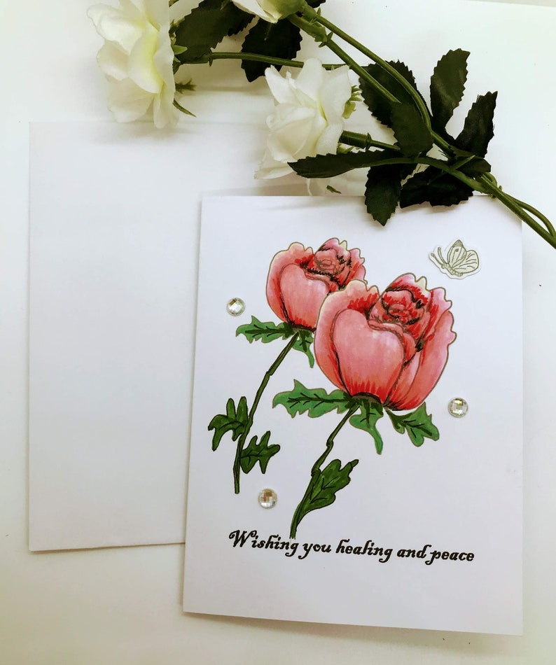 Sympathy Card Rose Bud Illustrated Hand Water-colored Sympathy Card 3D Butterfly Sticker Glass Jewel Embellishment image 1