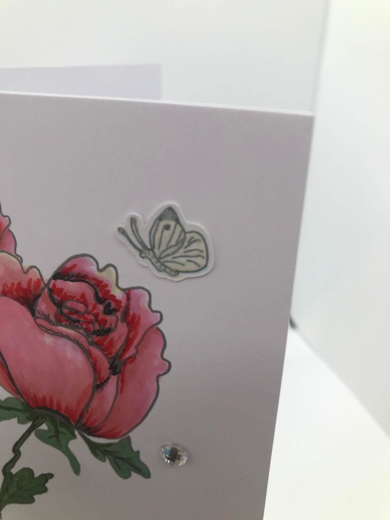 Sympathy Card Rose Bud Illustrated Hand Water-colored Sympathy Card 3D Butterfly Sticker Glass Jewel Embellishment image 5