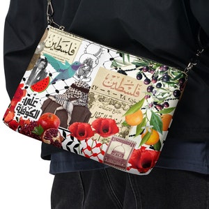 Palestinian Crossbody bag , Palestinian collage zip closure, Printed pattern, Palestinian gift, Arabic, Palestine, Palestinian symbols