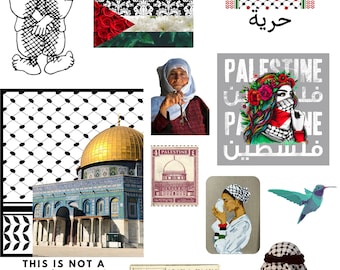 May include: A collage of images related to Palestine. The images include a watermelon, a flag, a mosque, a newspaper, a woman in a headscarf, and a man wearing a keffiyeh.