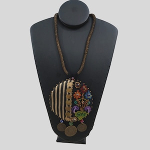 handmade Palestinian tatreez embroidery necklace, one piece design, Palestinian jewelry, traditional authentic Arabic pendant necklace,