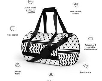 May include: Black and white patterned duffel bag with a black shoulder strap, two black handles, and a side pocket. The bag has a barrel shape and T-piping for stability.