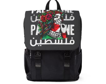 May include: Black backpack with a large graphic print of a woman wearing a Palestinian keffiyeh and a red bandana. The text "Palestine" is written in both English and Arabic.