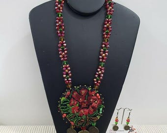 handmade Palestinian tatreez embroidery, Palestine red tatreez design, traditional authentic Arabic pendant necklace
