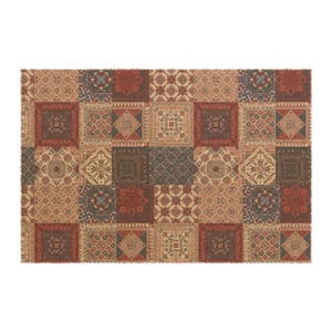 May include: Rectangular rug with a patchwork design. The rug features a variety of square and rectangular patterns in shades of red, brown, beige, and green. Each patch has a different intricate design, creating a vintage or bohemian aesthetic.