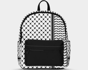 May include: Black and white patterned backpack with a front pocket and a top handle. The backpack features a geometric design with a black zipper and a black pocket. The bag is designed with a black and white pattern.