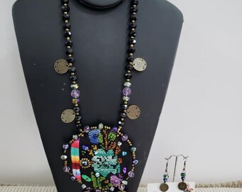 Handmade Palestinian tatreez necklace, made from original Palestinian Thob, Taditional Palestinian design, one piece only