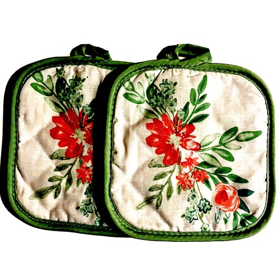 Set Of 2 Black & White Flower Print Cotton Oven Pot Holders – Linx Trade Group, 100% Cotton, Designer Kitchen Linens