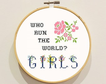 Patrón Punto de Cruz: "¿Quién dirige el mundo? NIÑAS" Floral PDF,