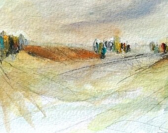 Original "Herbststürmisch" - Watercolor / Mixed Media / Landscape / Sketch in Passepartout