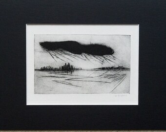 Etching "Black Cloud", original, hand-printed experimental etching in passepartout, printmaking