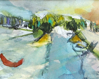 Original "In the Early Evening" - Watercolor / Mixed Media / Landscape / Sketch in Passepartout