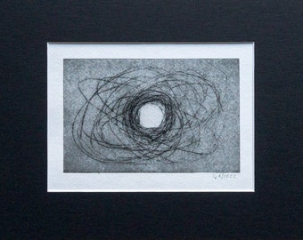 Etching "Atomic", original, hand-printed drypoint etching in a passe-partout, printmaking