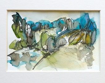 Original "Wandering" - watercolor / mixed media / landscape / sketch in passepartout