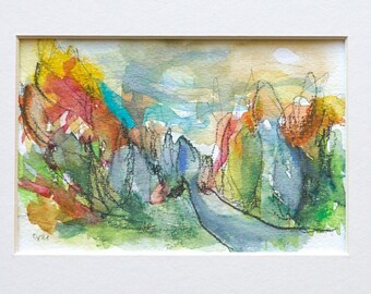 Original "late summer forest" - watercolor / mixed media / landscape / sketch in passepartout