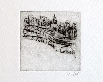 Etching "Stadtteilchen" - original print, hand-printed cold needle etching, print