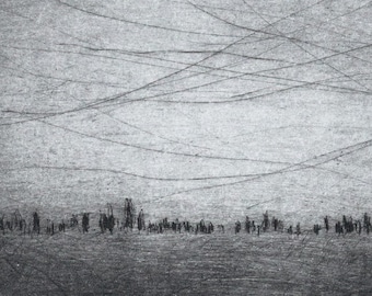 Etching "Treated Horizon", original, hand-printed drypoint etching in a passe-partout, printmaking