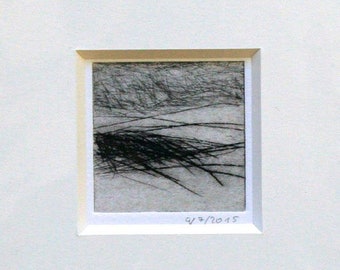 Etching "The Dark Field" in a passepartout - original print, hand-printed drypoint, printmaking