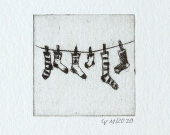 Etching "Fresh Socks" - Original print, hand-printed drypoint, printmaking