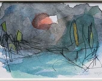 Original "Nach dem Meer" - Aquarell / Mixed Media / Landschaft / Skizze im Passepartout