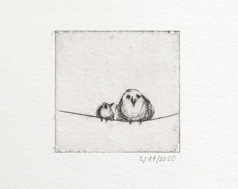 Etching "Unequal Couple" Original print, hand-printed drypoint, printmaking