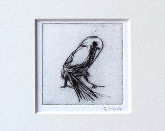 Etching "Rabe" - original print, hand-printed drypoint, printmaking in passe-partout