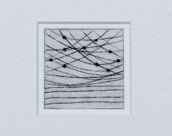 Etching "Warrwirr" - original print, hand-printed drypoint, print graphics in a passe-partout