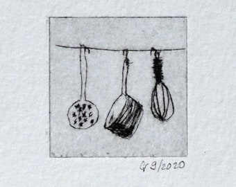 Hand-printed drypoint etching "Kitchen on the Leine - Pot"