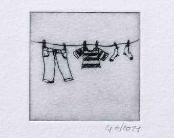 Etching "Clothesline Pants" Original print, hand-printed drypoint, printmaking