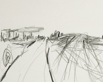 Pencil drawing "In the evening then..." landscape, original sketch in a passe-partout